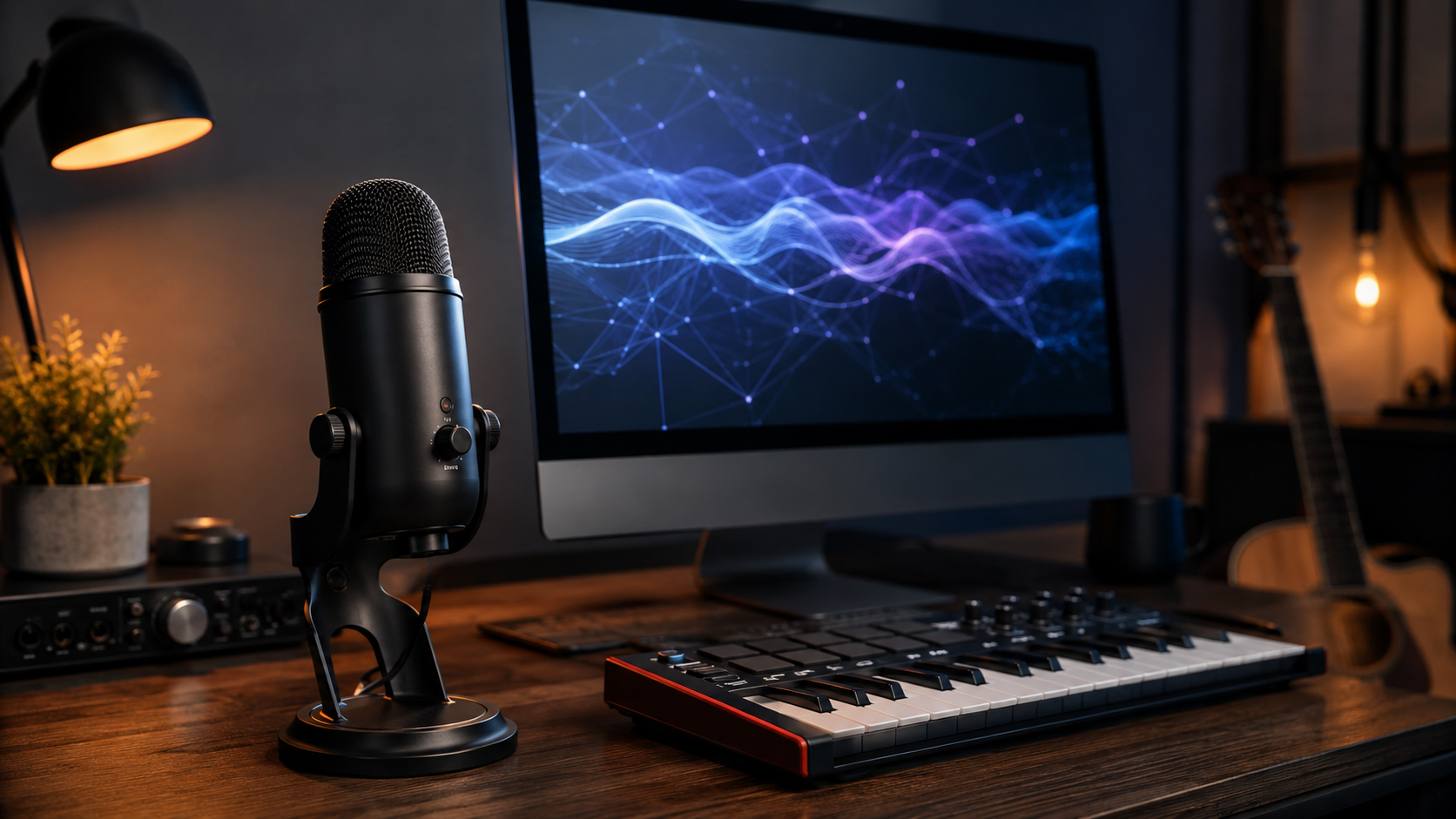 A modern creative production desk with a studio microphone and compact MIDI keyboard in the foreground. A large monitor displays an abstract blue-and-purple AI-inspired waveform and network pattern, while warm ambient lighting, audio gear, and a guitar in the background give the scene a grounded home-studio feel.