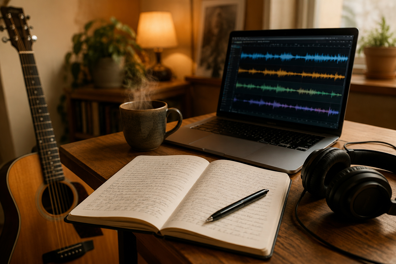 Acoustic guitar, handwritten notebook, headphones, coffee, and a laptop displaying audio waveforms in a warm home music workspace.